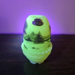 Fenton 1978 Custard Uranium Glass Fairy Lamp – Hand Painted Winter Mountains